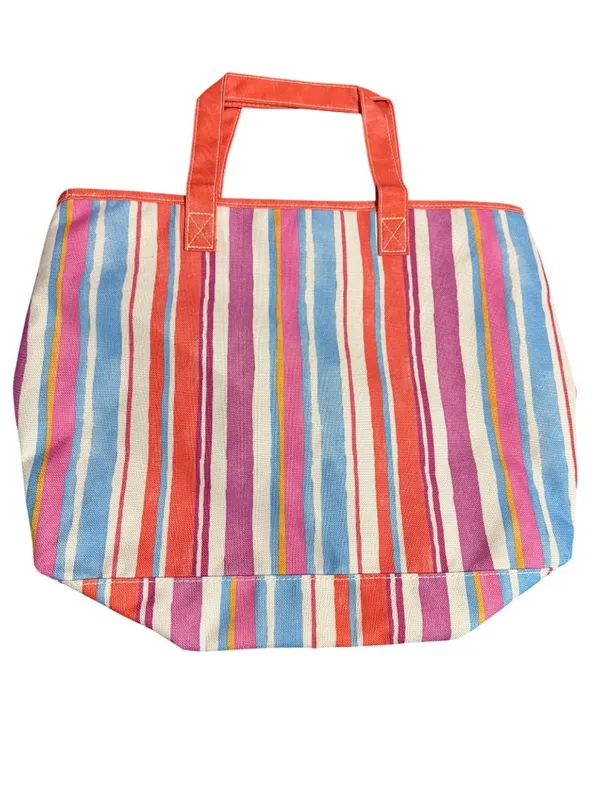 Estee Lauder Striped Tote Bag Matching Pouch Set Multicolor Coral Handles NWOT - Image 3