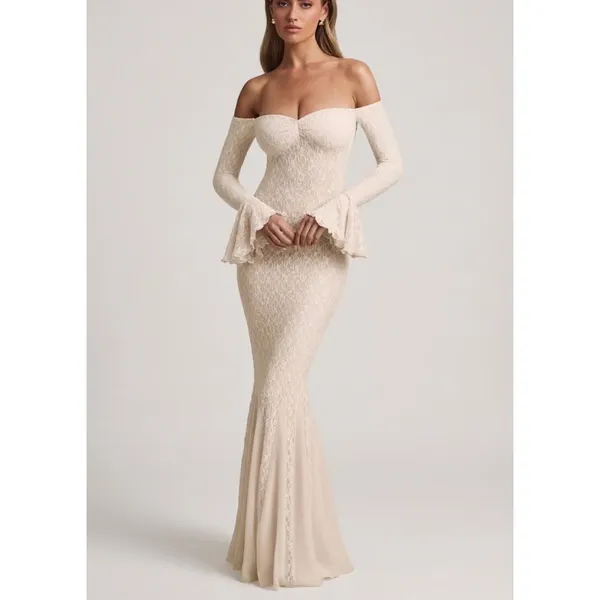 Oh Polly Verena Off-Shoulder Ruffle Lace Maxi Dress in Ivory Size XXS New - Image 3
