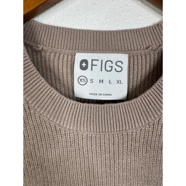 FIGS Ribbed Knit Long Sleeve Sweater Taupe Brown Crew Neck Pocket XS W18LW3003 - Image 3