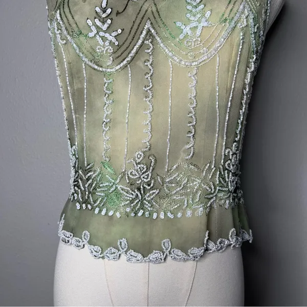 Vintage Green Silk Heavy Beaded Sleeveless Top Boho Fairycore Chic Forest Nymph - Image 5