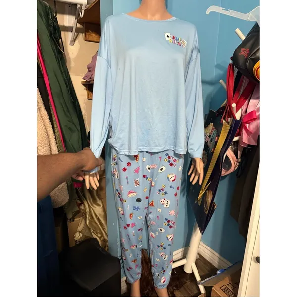 Women’s Light Blue 'Game Night' Graphic Long Sleeve Tee & pants PJ set size M - Image 3