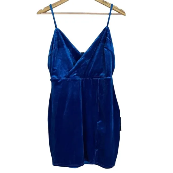 NWT Lulus Royal Blue Velvet Surplice Mini Bodycon Dress Cocktail Size L - Image 3