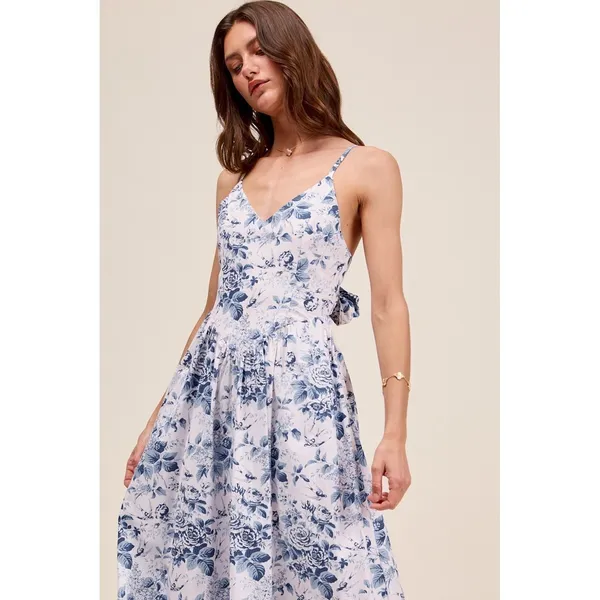SO ME Floral Woven V Neck Dress With‎ Back Ribbon Tie - Medium - Image 5