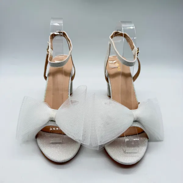 White Glitter Block Heel Sandals with Oversized Tulle Bow Ankle Strap Size 9.5 - Image 6