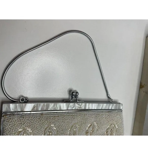 Handmade Vintage Ivory white All Beaded Top Handle Bag With Mother Of Pearl Detailing - Image 8