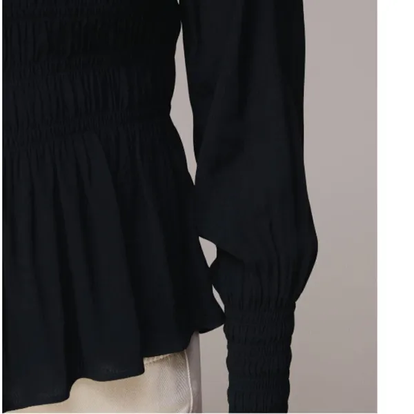 Whistles‎ Women's Size 10 Black Rosanna Shirred Top Long Sleeve Crewneck Keyhole - Image 5
