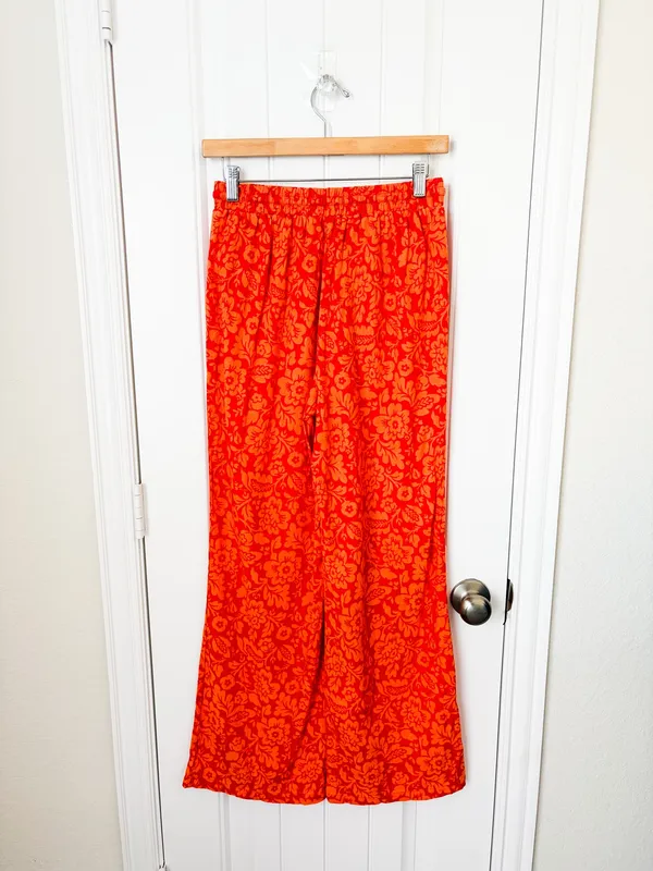 Tropical Floral Print Orange Linen Blend Wide Leg Pants Size Small - Image 2