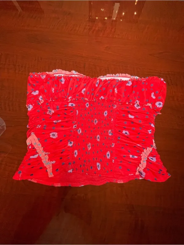Free People Red Scottie Printed Tube Sleeveless Top Stretchy Sz L BarbieCore - Image 5