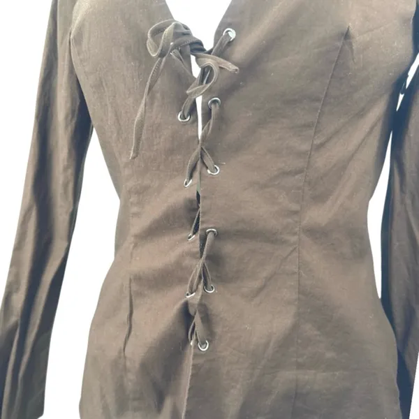 Reformation Caci Women's Brown Lace Up V Neck Long Sleeve Blouse Top Size 4 - Image 4
