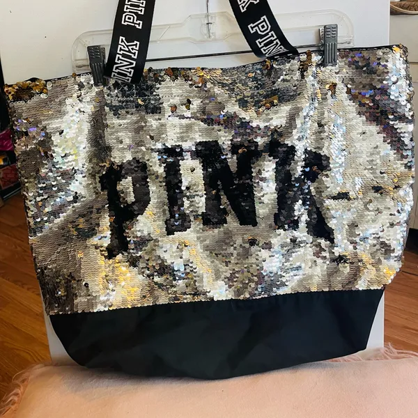 Victoria secret pink flip sequin gold/silver bling tote bag - Image 5