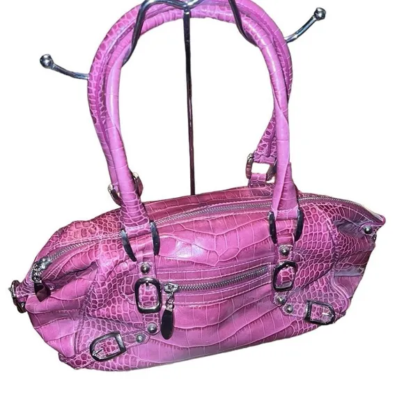 Jennifer Scott Fuchsia Leather Crocodile Print Handbag - Image 3