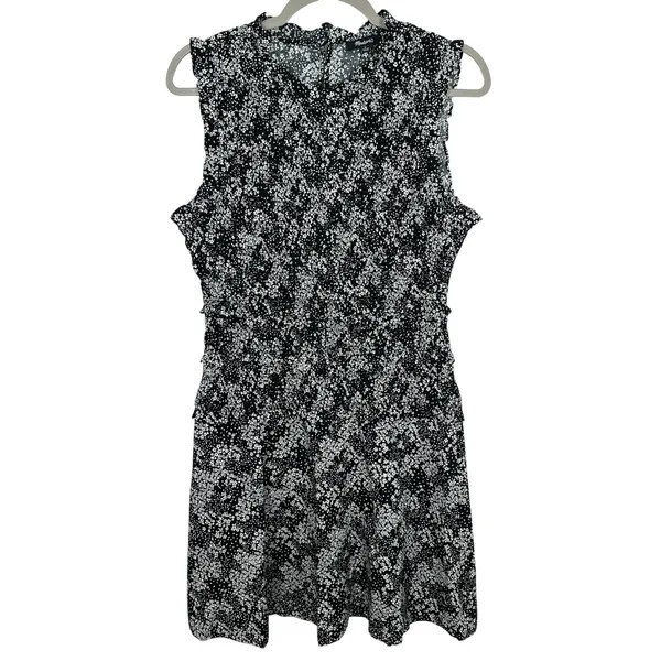 Madewell Women's Black White Floral Sleeveless Ruffle Neck Mini Dress Size 8 NWT - Image 4