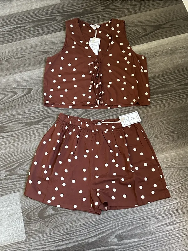 Crescent Bay Brown Polka Dot Sleeveless 2 pc short set - Image 2