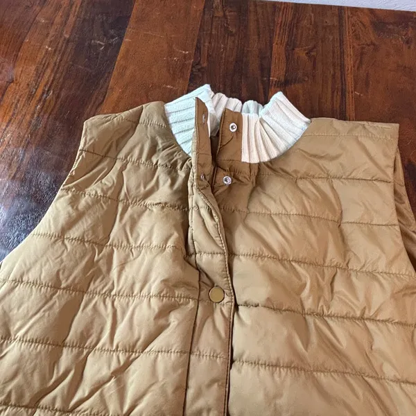 J.‎ Jill Camel Brown Quilted Puffer Vest Ribbed Knit Trim Snap Front Womens L - Image 9