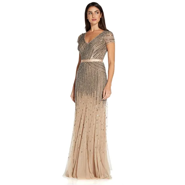 NWT Adrianna Papell Long Beaded‎ V-Neck Gown w/ Cap Sleeves & Waistband – Size 6 - Image 4