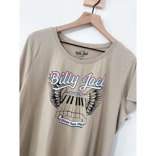 Billy Joel World Tour 1984 Women's Graphic Music T-Shirt 2XL Beige Short Sleeve - Image 2