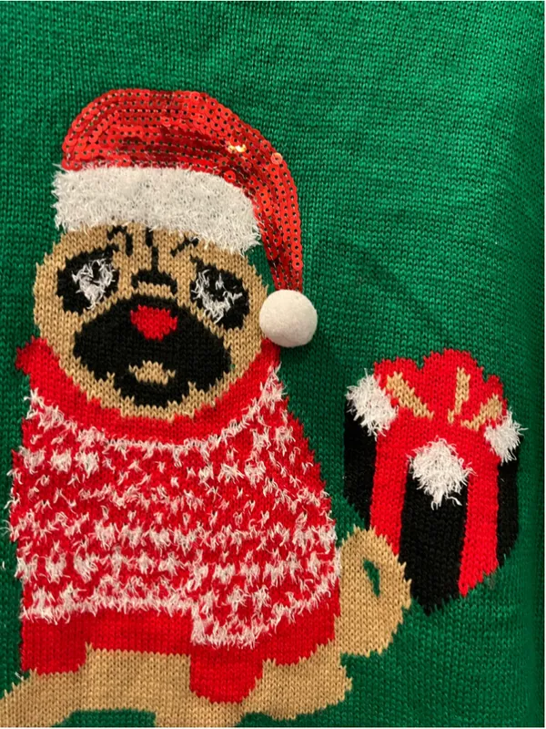 Jolt Bah Humbug Green Ugly Christmas Sweater Dog Santa Hat Women's Medium Sequin - Image 8