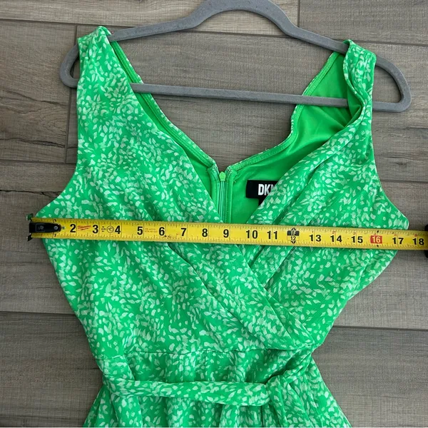 DKNY Lime Green White Chiffon Sleeveless Faux Wrap V Neck Fit & Flare Midi Dress - Image 10
