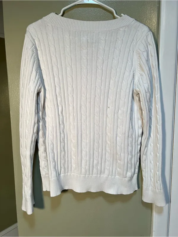 Chaps Women's Size XL V-Neck Sweater Cream White Cableknit 100% Cotton - Image 8