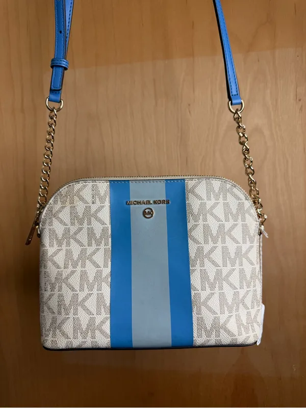 Michael Kors Blue Stripe MK Logo Crossbody Bag Gold Chain Strap - Image 2