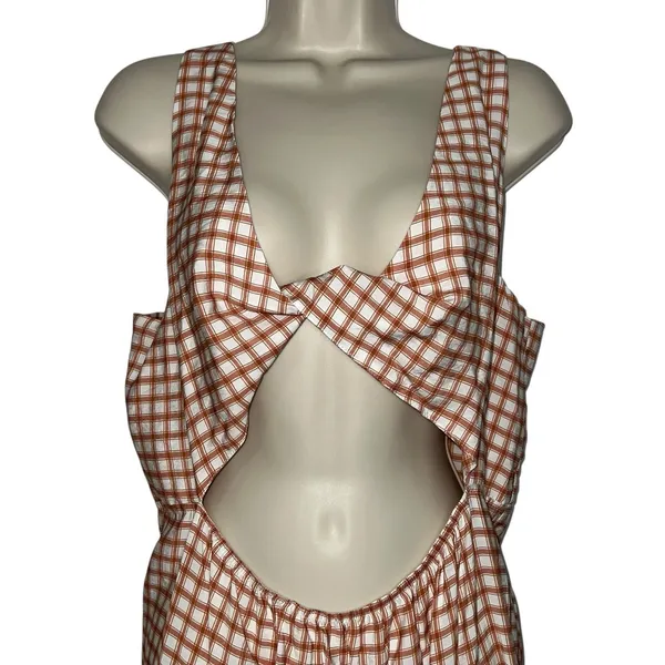ASOS DESIGN Knot Detail Tiered MIdi‎ Dress Brown Gingham Large Tie Open Back - Image 3