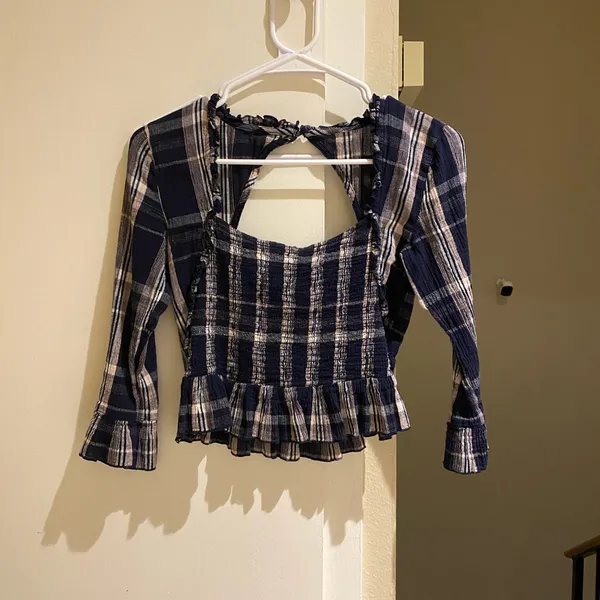 Free people cotton smocked Plaid Ruffle Trim Women's Top - Image 2