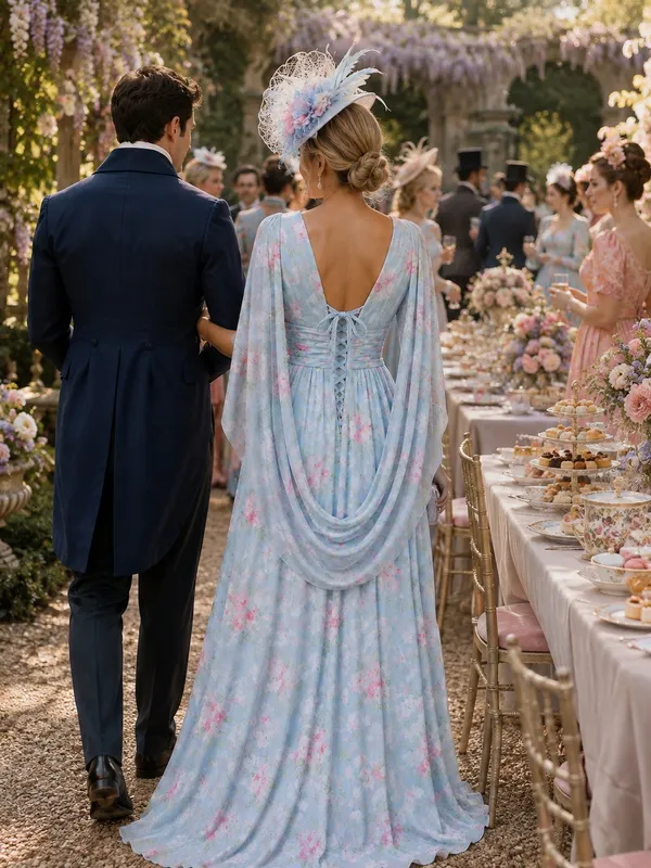 Boutique #3-15 Aqua floral  drape back dress. - Image 2