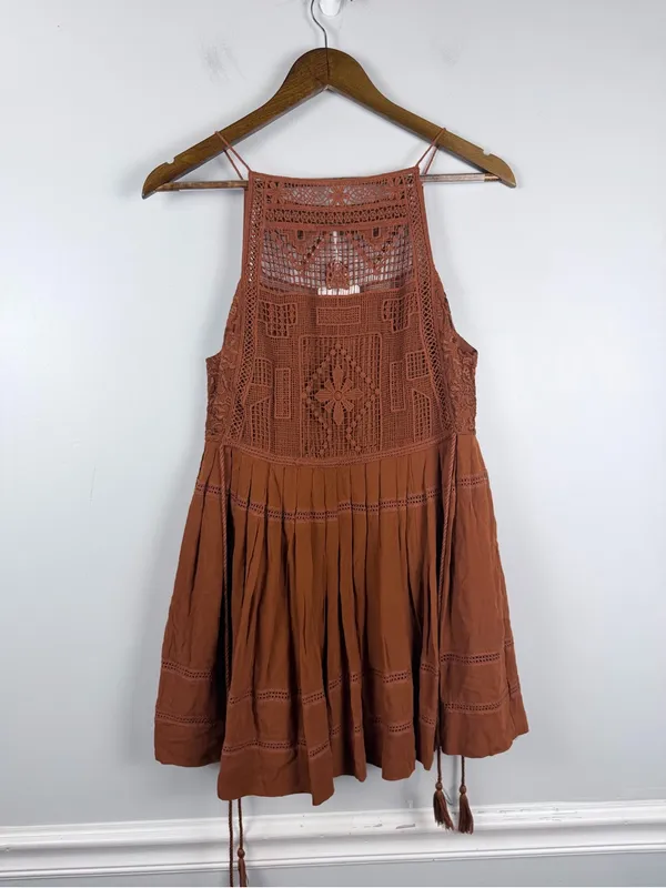 New Free People Emily Crochet copper brown Dress Size XS Boho - Image 4