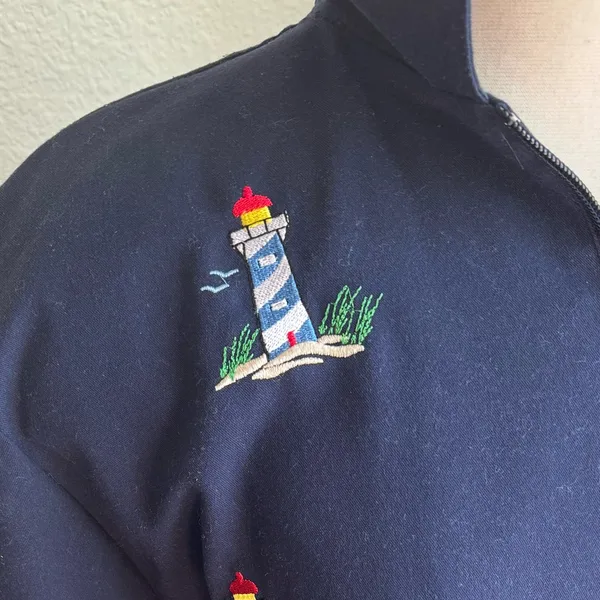 Vintage Lighthouse Embroidered‎ Zip Up Jacket Navy Coastal S - Image 5