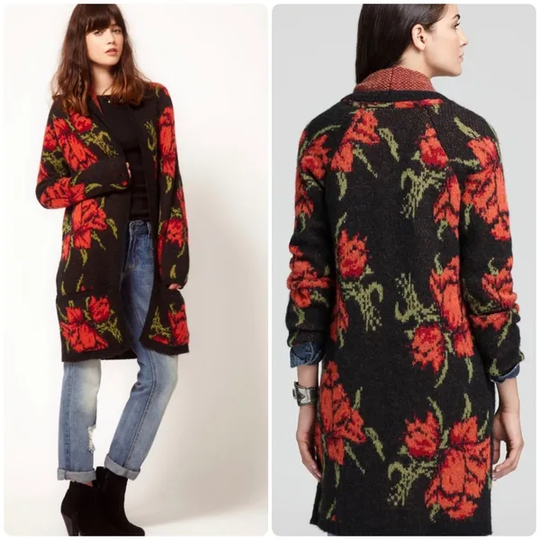 Free People Womens Floral Rose Boho Grunge Longline Flower‎ Power Cardigan XS - Image 2
