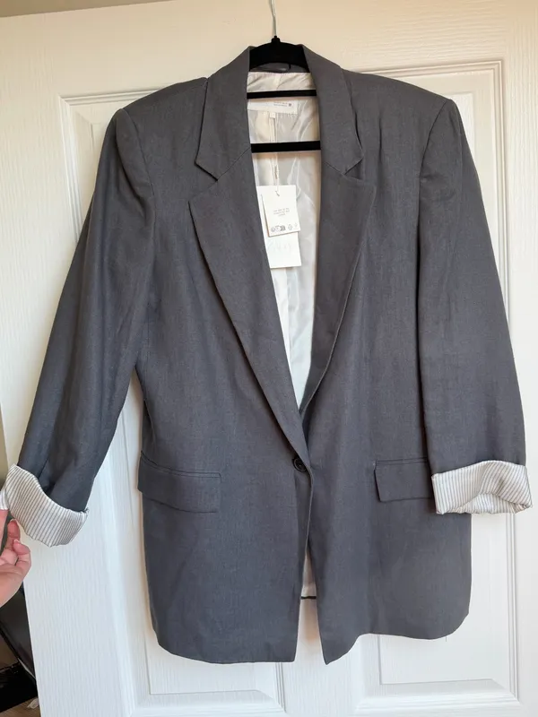 Zara Linen Blend Blazer with printed cuff Grey M - Image 4