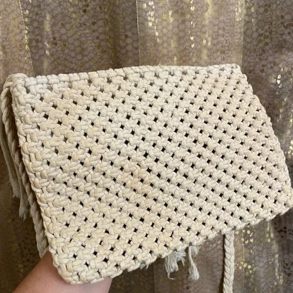 World Market Ivory Macramé Tassel Fringe Boho Crossbody Purse‎ - Image 3