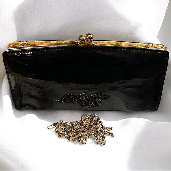 NWOT•Evening Bag•Clutch•Faux Black Patent Leather•Vintage Style Kiss Lock •Chain - Image 2