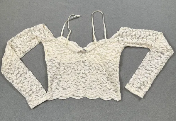 NWOT Zara Lace Crop Top M Off Shoulder Long Sleeve Ivory Sweetheart Blouse - Image 7
