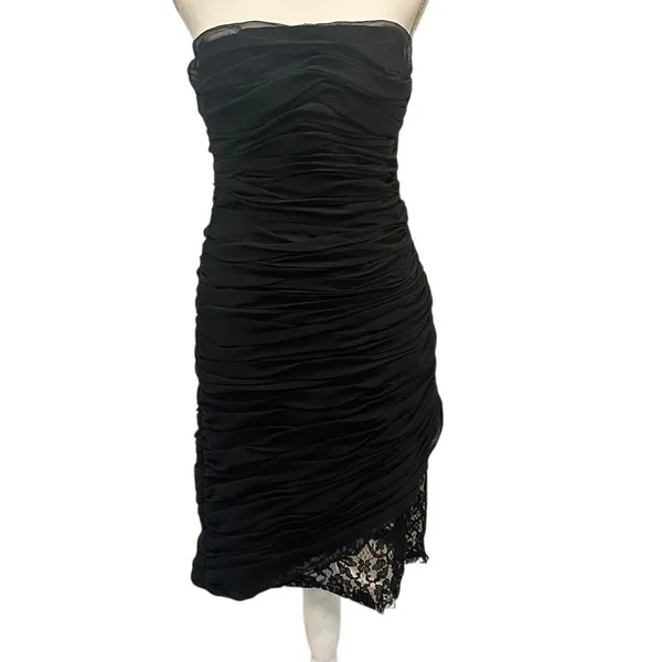 Victor Costa Vintage 1980s Black Ruched Strapless Lace Hem Gothic Cocktail‎ Sz 6 - Image 3