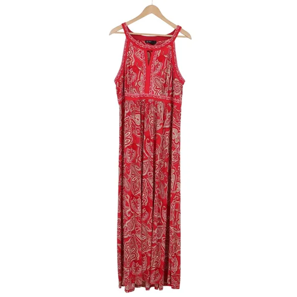 INC Maxi Dress Womens 2X Paisley Red Sleeveless Keyhole Halter Excellent - Image 2