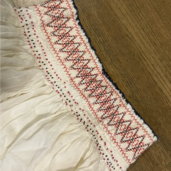 Free People Red Off White Blue Gauze Beaded Embroidered Smocked Mini Skirt: L - Image 3