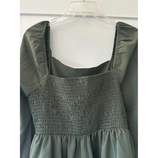 SHEIN olive green blouse draped square neckline bishop sleeves Peasant Top XL/12 - Image 6