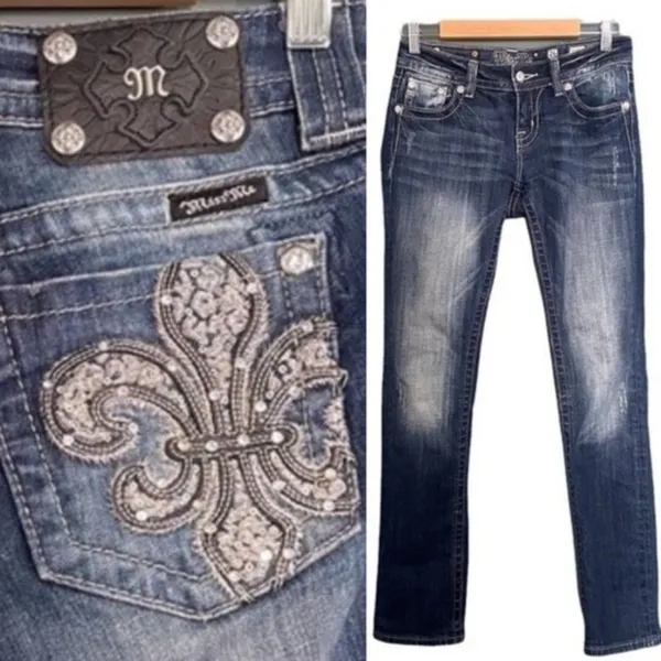 Miss Me Jeans FDL Easy Straight Dark Wash Rhinestone Bling Pockets Size 26 | 2 - Image 3