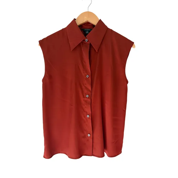 Banana Republic Rust Red Sleeveless Blouse Small Oversized Collar Button Front - Image 5