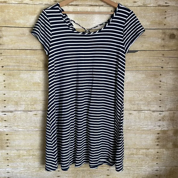 Socialite Women's Blue Striped Criss Cross Back Dress - Size Medium - 90's Style - Image 2