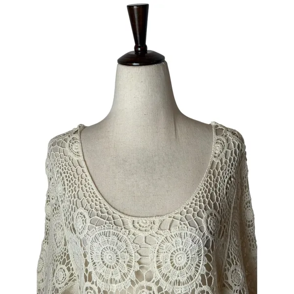 QED London Crochet Sweater Women Small Ivory Sheer Medallion Boho Coverup Hippie - Image 4