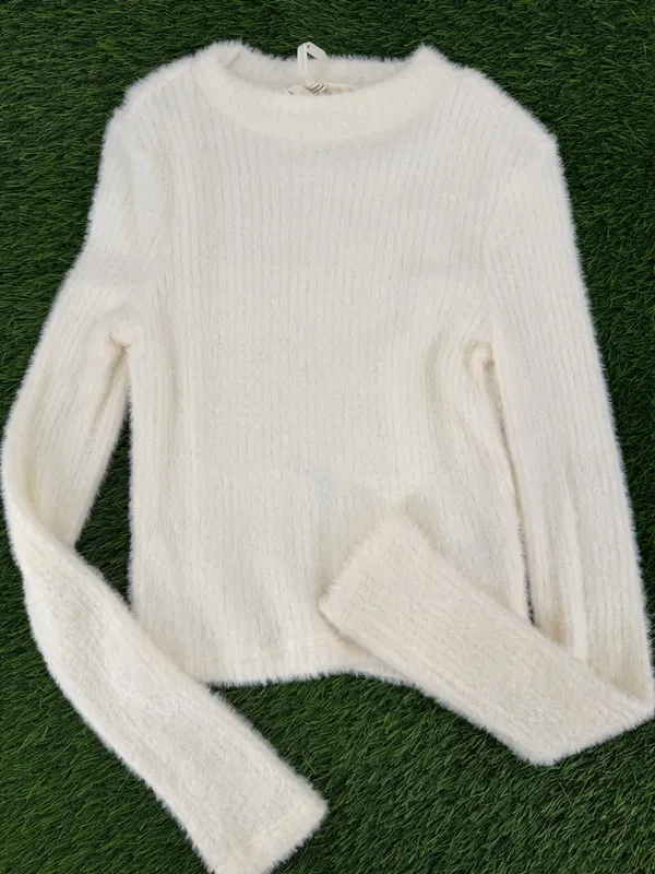 By Anthropologie Mock-Neck Fuzzy Long Sleeve White Sweater Top - Image 4