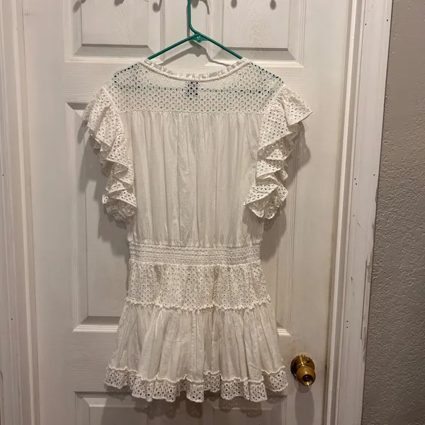 MISA Los Angeles Sarika White Eyelet Ruffle‎ Mini Dress Smocked Waist Medium - Image 7