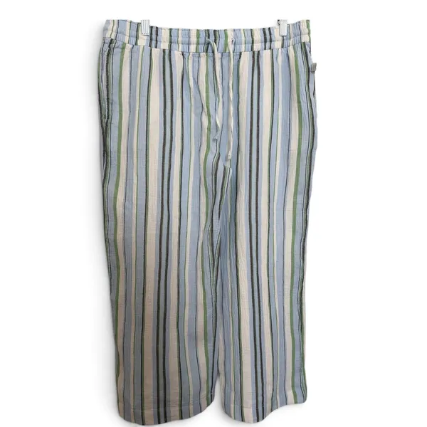 Wonderly Womens Cotton High Rise Tie Waist Ankle Pants Blue Green Striped XL - Image 5