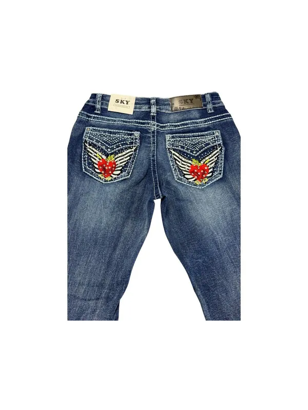 SKY Low Rise Bootcut Jeans Womens Size 9/29 Rhinestone Heart Wings NWT Denim - Image 2