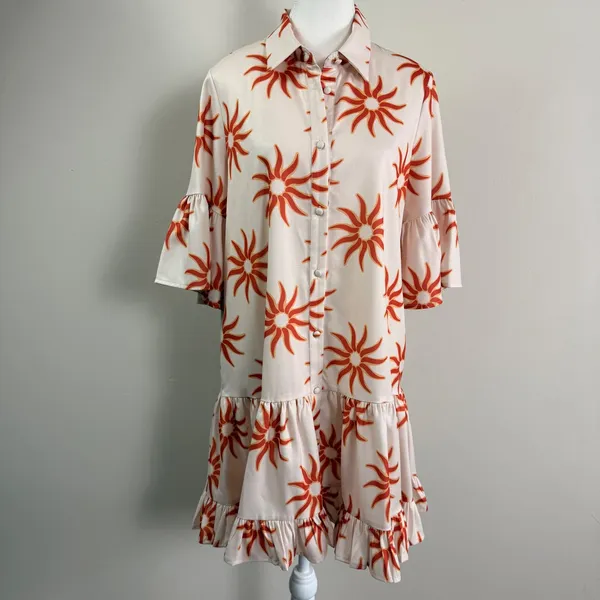 Petal & Pup Ren Soleil Sun Print Mini Dress Ruffle Bell Sleeve Cream Orange Med. - Image 2