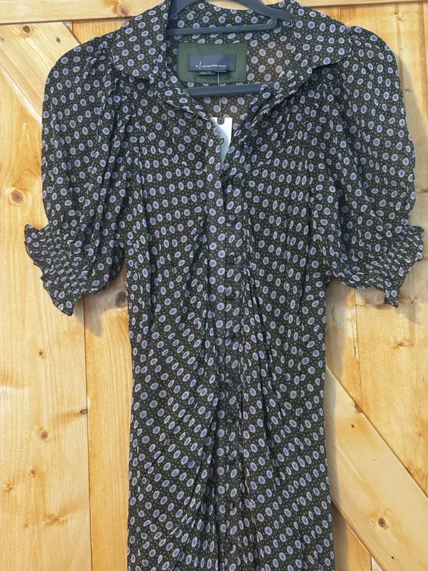 NWT Anthropologie Button Front Puff Sleeve Midi Dress -‎ Moss Green Floral 0 - Image 6