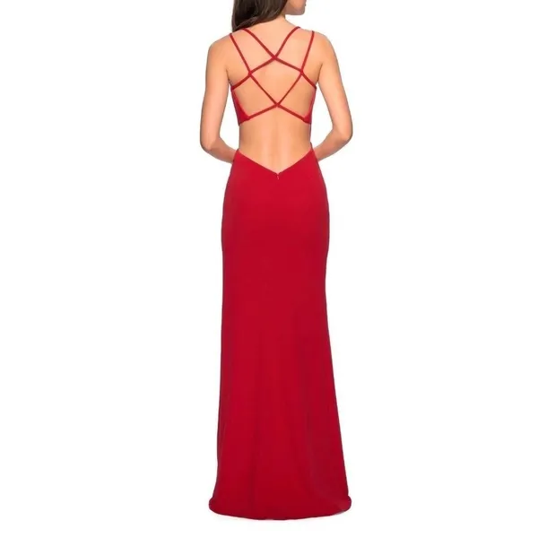 La Femme Gown Size 4 Red Asymmetrical Neck Strappy Back High Slit Evening Formal - Image 5