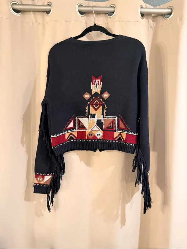 Fate Fringe Cardigan with Burgundy and Tan Accents - Image 3